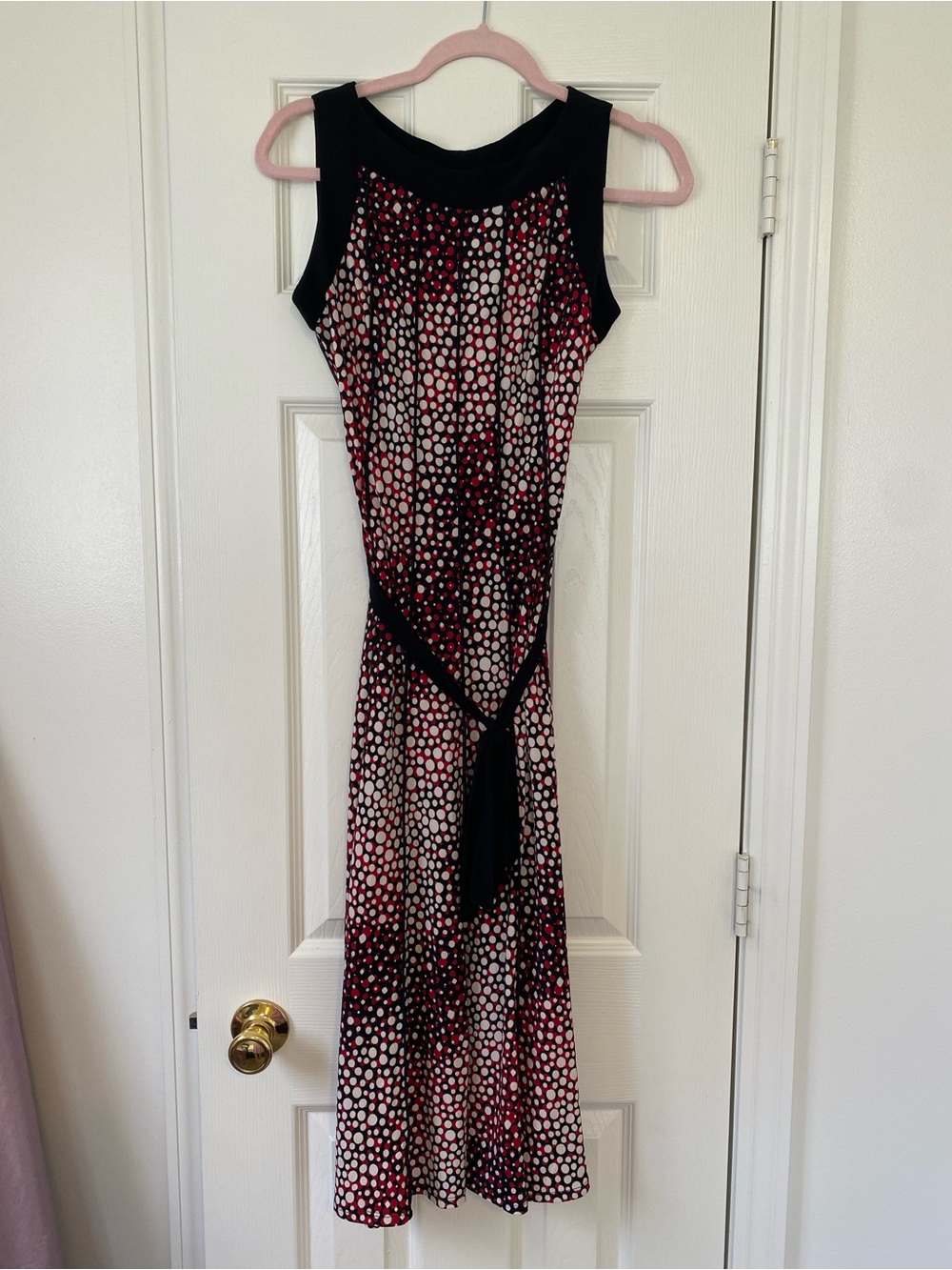 Sleeveless Polka Dot Midi Dress in Black and Red with Self Tie